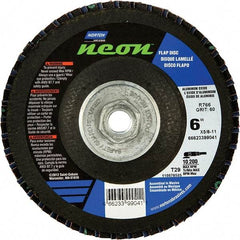 Norton - 60 Grit, 6" Disc Diam, 5/8-11 Center Hole, Type 29 Ceramic Alumina Flap Disc - 10,200 Max RPM, Polyester Backing, Arbor Attaching System, Coated - Industrial Tool & Supply