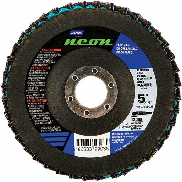 Norton - 80 Grit, 5" Disc Diam, 7/8" Center Hole, Type 29 Ceramic Alumina Flap Disc - 12,000 Max RPM, Polyester Backing, Arbor Attaching System, Coated - Industrial Tool & Supply
