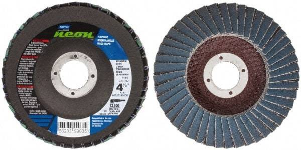 Norton - 80 Grit, 4-1/2" Disc Diam, 7/8" Center Hole, Type 29 Ceramic Alumina Flap Disc - 13,300 Max RPM, Polyester Backing, Arbor Attaching System, Coated - Industrial Tool & Supply