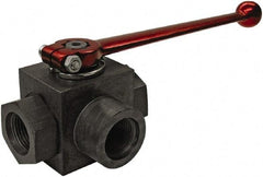 HYDAC - 3/4" Pipe, Full Port, Carbon Steel Full Port Ball Valve - Three Way, NPT Ends, Straight Handle, 6,000 WOG - Industrial Tool & Supply