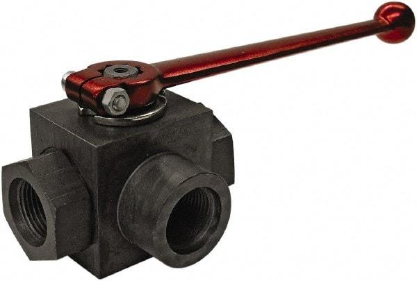 HYDAC - 1/4" Pipe, Full Port, Carbon Steel Full Port Ball Valve - Three Way, SAE Ends, Straight Handle, 7,250 WOG - Industrial Tool & Supply