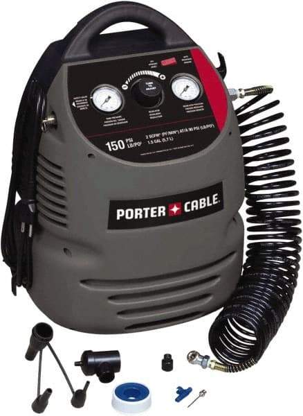 Porter-Cable - 0.8 hp, 2 CFM at 90 psi Hand Carry Compressor - 1.5 Gallon Tank, 10 Amp, 150 Max psi, 120V - Industrial Tool & Supply