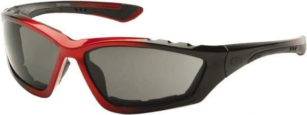 PYRAMEX - Gray Lenses, Framed Safety Glasses - Anti-Fog, Scratch Resistant, Black/Red Nylon Frame, Size Universal, Wrap Around - Industrial Tool & Supply
