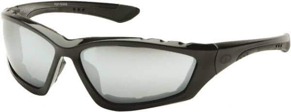 PYRAMEX - Silver Mirror Lenses, Framed Safety Glasses - Anti-Fog, Scratch Resistant, Black Nylon Frame, Size Universal, Wrap Around - Industrial Tool & Supply
