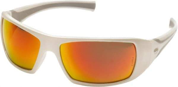 PYRAMEX - Sky Red Mirror Lenses, Framed Safety Glasses - Scratch Resistant, White Polycarbonate/Thermoplastic Rubber Frame, Size Universal, Wrap Around - Industrial Tool & Supply
