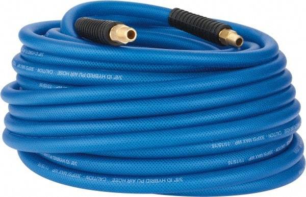 PRO-SOURCE - 3/8" ID x 0.6102" OD 100' Long Multipurpose Air Hose - MNPT(Swivel) x MNPT(Swivel) Ends, 300 Working psi, -40 to 176°F, 1/4" Fitting, Transparent Blue - Industrial Tool & Supply