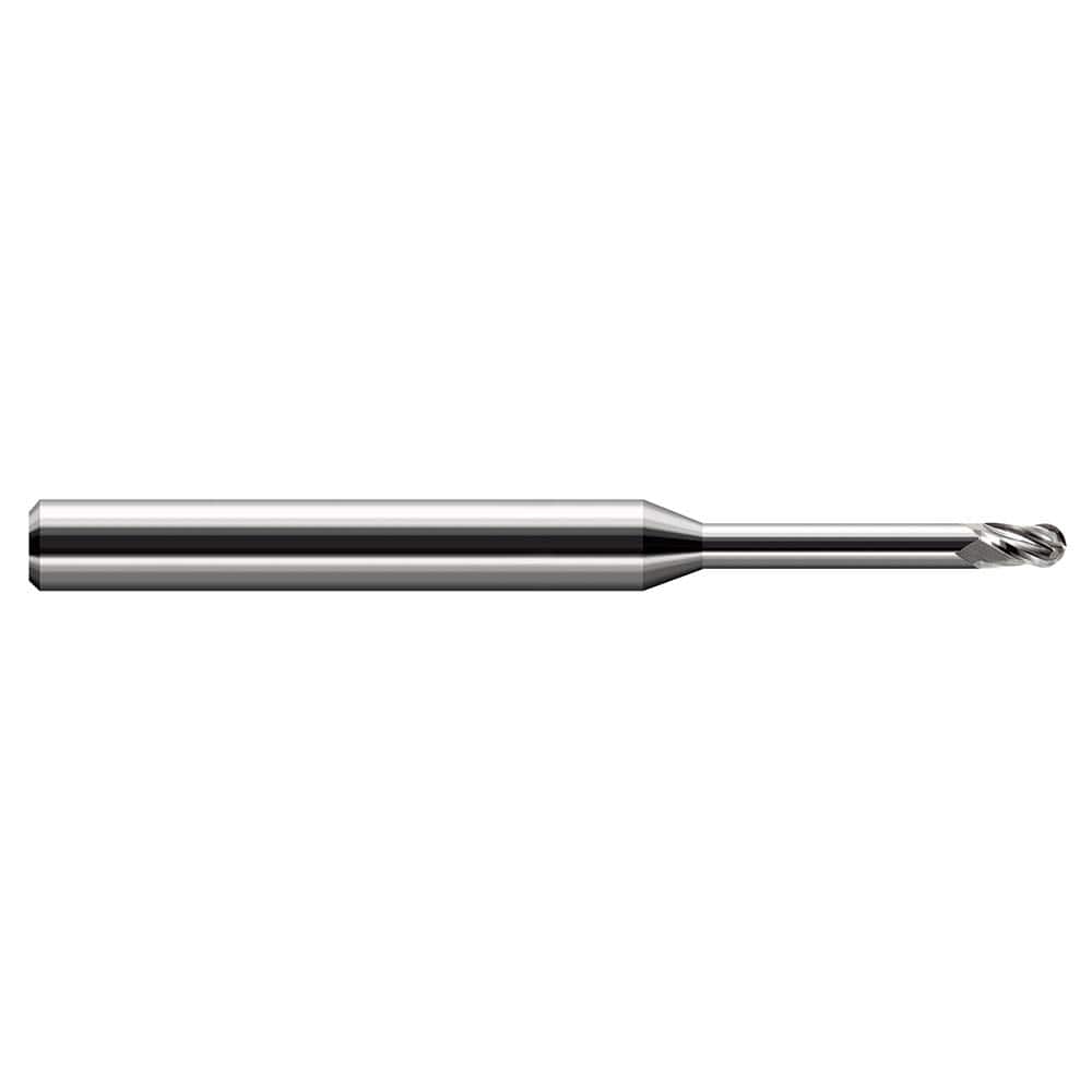 Ball End Mill: 0.055″ Dia, 0.082″ LOC, 3 Flute, Solid Carbide 2-1/2″ OAL, 1/8″ Shank Dia, 30 ° Helix, Uncoated, Single End
