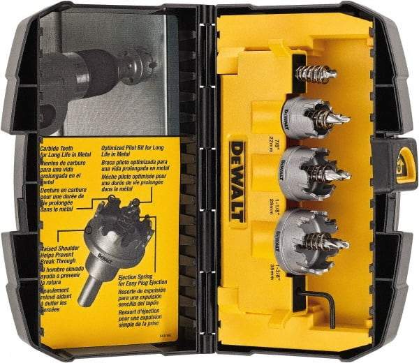 DeWALT - 5 Piece, 7/8" to 1-3/8" Saw Diam, Hole Saw Kit - Carbide-Tipped, Toothed Edge, Includes 3 Hole Saws - Industrial Tool & Supply
