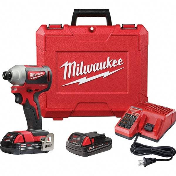 Milwaukee Tool - 18 Volt, 1/4" Drive, 133 Ft/Lb Torque, Cordless Impact Driver - Pistol Grip Handle, 3200 RPM, 2 Lithium-Ion Batteries Included - Industrial Tool & Supply