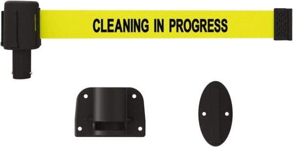 Banner Stakes - 15' Long x 2-1/2" Wide Nylon/Polyester Wall-Mounted Indoor Barrier - Black on Yellow - Industrial Tool & Supply