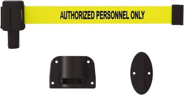 Banner Stakes - 15' Long x 2-1/2" Wide Nylon/Polyester Wall-Mounted Indoor Barrier - Black on Yellow - Industrial Tool & Supply