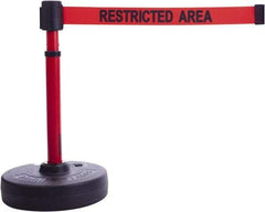 Banner Stakes - 22 to 42" High, 2-3/8" Pole Diam, Barrier Post Base & Stanchion - 9" Base Diam, Round Nylon Base, Red Plastic Post, 15' x 2-1/2" Tape, For Outdoor Use - Industrial Tool & Supply