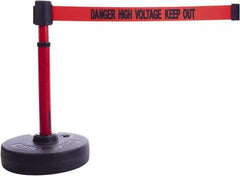 Banner Stakes - 22 to 42" High, 2-3/8" Pole Diam, Barrier Post Base & Stanchion - 9" Base Diam, Round Nylon Base, Red Plastic Post, 15' x 2-1/2" Tape, For Outdoor Use - Industrial Tool & Supply