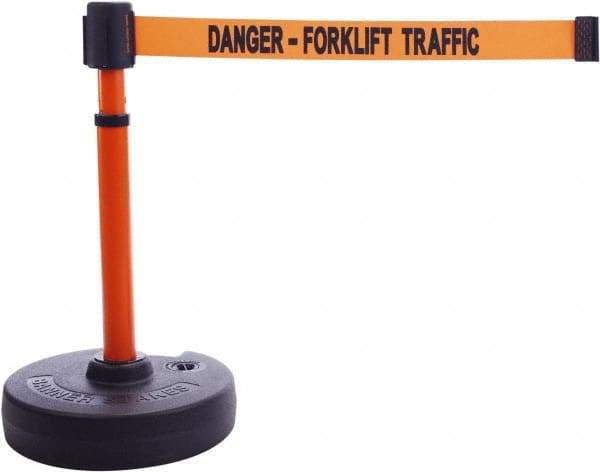 Banner Stakes - 22 to 42" High, 2-3/8" Pole Diam, Barrier Post Base & Stanchion - 9" Base Diam, Round Nylon Base, Orange Plastic Post, 15' x 2-1/2" Tape, For Outdoor Use - Industrial Tool & Supply