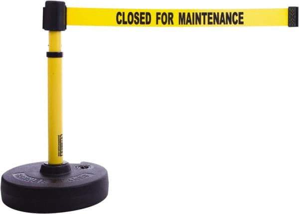 Banner Stakes - 22 to 42" High, 2-3/8" Pole Diam, Barrier Post Base & Stanchion - 9" Base Diam, Round Nylon Base, Yellow Plastic Post, 15' x 2-1/2" Tape, For Outdoor Use - Industrial Tool & Supply
