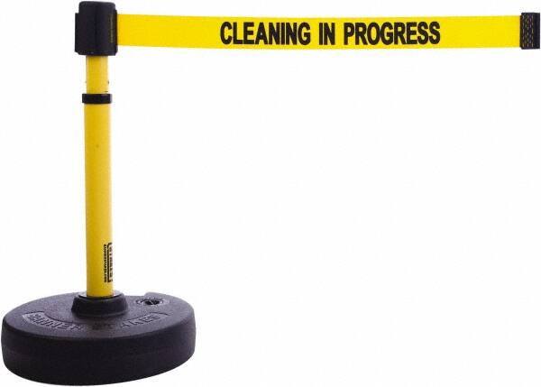 Banner Stakes - 22 to 42" High, 2-3/8" Pole Diam, Barrier Post Base & Stanchion - 9" Base Diam, Round Nylon Base, Yellow Plastic Post, 15' x 2-1/2" Tape, For Outdoor Use - Industrial Tool & Supply