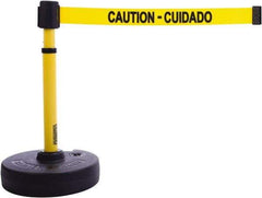 Banner Stakes - 22 to 42" High, 2-3/8" Pole Diam, Barrier Post Base & Stanchion - 9" Base Diam, Round Nylon Base, Yellow Plastic Post, 15' x 2-1/2" Tape, For Outdoor Use - Industrial Tool & Supply