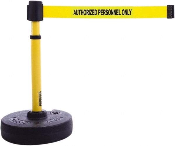 Banner Stakes - 22 to 42" High, 2-3/8" Pole Diam, Barrier Post Base & Stanchion - 9" Base Diam, Round Nylon Base, Yellow Plastic Post, 15' x 2-1/2" Tape, For Outdoor Use - Industrial Tool & Supply