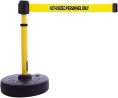 Banner Stakes - 22 to 42" High, 2-3/8" Pole Diam, Barrier Post Base & Stanchion - 9" Base Diam, Round Nylon Base, Yellow Plastic Post, 15' x 2-1/2" Tape, For Outdoor Use - Industrial Tool & Supply