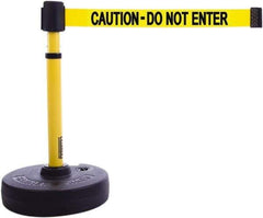 Banner Stakes - 22 to 42" High, 2-3/8" Pole Diam, Barrier Post Base & Stanchion - 9" Base Diam, Round Nylon Base, Yellow Plastic Post, 15' x 2-1/2" Tape, For Outdoor Use - Industrial Tool & Supply