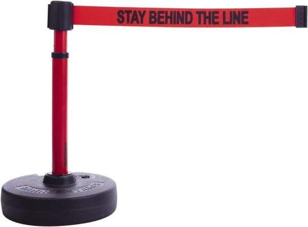 Banner Stakes - 22 to 42" High, 2-3/8" Pole Diam, Barrier Post Base & Stanchion - 9" Base Diam, Round Nylon Base, Red Plastic Post, 15' x 2-1/2" Tape, For Outdoor Use - Industrial Tool & Supply