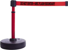 Banner Stakes - 22 to 42" High, 2-3/8" Pole Diam, Barrier Post Base & Stanchion - 9" Base Diam, Round Nylon Base, Red Plastic Post, 15' x 2-1/2" Tape, For Outdoor Use - Industrial Tool & Supply
