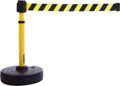 Banner Stakes - 22 to 42" High, 2-3/8" Pole Diam, Barrier Post Base & Stanchion - 9" Base Diam, Round Nylon Base, Yellow Plastic Post, 15' x 2-1/2" Tape, For Outdoor Use - Industrial Tool & Supply