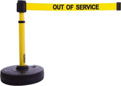 Banner Stakes - 22 to 42" High, 2-3/8" Pole Diam, Barrier Post Base & Stanchion - 9" Base Diam, Round Nylon Base, Yellow Plastic Post, 15' x 2-1/2" Tape, For Outdoor Use - Industrial Tool & Supply