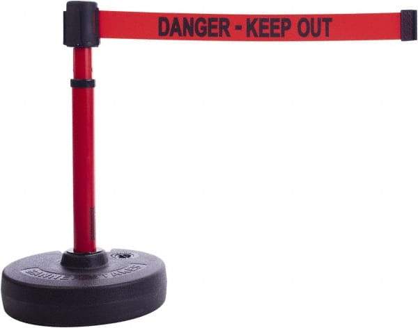 Banner Stakes - 22 to 42" High, 2-3/8" Pole Diam, Barrier Post Base & Stanchion - 9" Base Diam, Round Nylon Base, Red Plastic Post, 15' x 2-1/2" Tape, For Outdoor Use - Industrial Tool & Supply