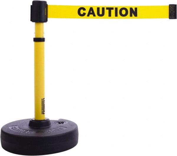 Banner Stakes - 22 to 42" High, 2-3/8" Pole Diam, Barrier Post Base & Stanchion - 9" Base Diam, Round Nylon Base, Yellow Plastic Post, 15' x 2-1/2" Tape, For Outdoor Use - Industrial Tool & Supply