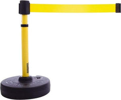 Banner Stakes - 22 to 42" High, 2-3/8" Pole Diam, Barrier Post Base & Stanchion - 9" Base Diam, Round Nylon Base, Yellow Plastic Post, 15' x 2-1/2" Tape, For Outdoor Use - Industrial Tool & Supply