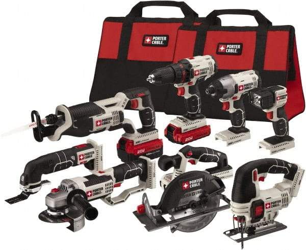 Porter-Cable - 20 Volt Cordless Tool Combination Kit - Includes 1/2" Drill/Driver, 1/4" Impact Driver, 6-1/2" Circular Saw, Reciprocating Tiger Saw, Jig Saw, Oscillating Multi-Tool, Cut-Off Tool/Grinder & Flashlight, Lithium-Ion Battery Included - Industrial Tool & Supply
