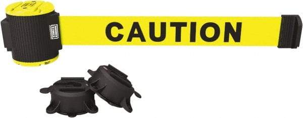 Banner Stakes - 30' Long x 2-1/2" Wide Nylon/Polyester Magnetic Wall Mount Barrier - Black on Yellow - Industrial Tool & Supply