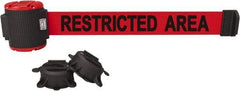 Banner Stakes - 30' Long x 2-1/2" Wide Nylon/Polyester Magnetic Wall Mount Barrier - Black on Red - Industrial Tool & Supply
