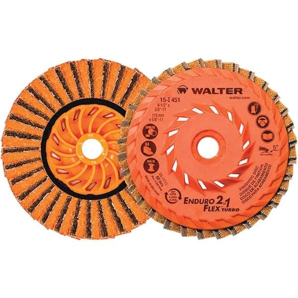 WALTER Surface Technologies - 4-1/2" Disc Diam, 5/8-11 Center Hole, Type 27 Ceramic Flap Disc - 13,300 Max RPM, Plastic Backing, Arbor Attaching System, Non-Woven - Industrial Tool & Supply