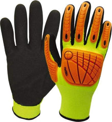 Wells Lamont - Size S (7), ANSI Cut Lvl 3, Nitrile Coated HPPE Fiber/Stainless Steel Cut Resistant Gloves - Palm & Fingertips Coated, Hi-Vis Orange/Black, Paired - Industrial Tool & Supply