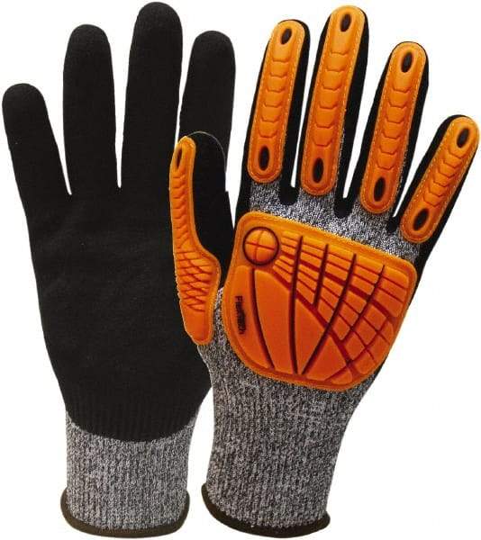 Wells Lamont - Size 2XL (11), ANSI Cut Lvl 5, Nitrile Coated HPPE Fiber/Stainless Steel Cut Resistant Gloves - Palm & Fingertips Coated, Hi-Vis Orange/Black, Paired - Industrial Tool & Supply
