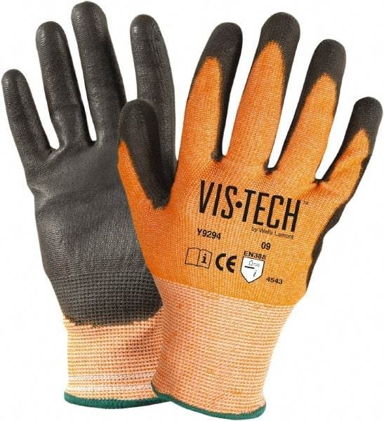Wells Lamont - Size L (9), ANSI Cut Lvl 4, HPPE Fiber/Stainless Steel Cut Resistant Gloves - Palm & Fingertips Coated, Knit Wrist, Orange, Paired - Industrial Tool & Supply