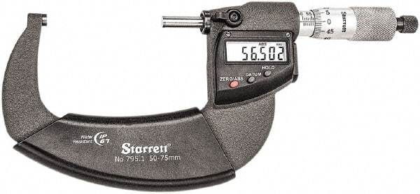 Starrett - Standard Throat IP67 Electronic Outside Micrometer - Ratchet Stop Thimble, Carbide Face, CR2032 Battery - Industrial Tool & Supply