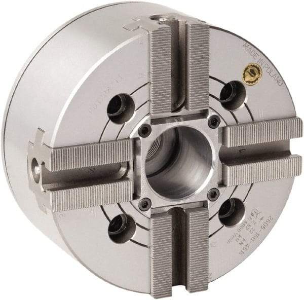 Bison - 4 Jaw, 8.26" Chuck Diam, Plain Back Mount, 52mm Through Hole Diam, Drawtube Hydraulic Power Lathe Chuck - 1.5mm x 60° Serrated Jaw Interface, 0.6299 to 7.874" Jaw Capacity, 4,300 RPM, High Speed Steel Body - Industrial Tool & Supply