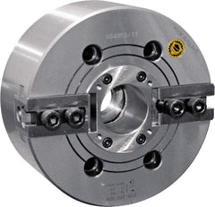 Bison - 2 Jaw, 12.4" Chuck Diam, Plain Back Mount, 91mm Through Hole Diam, Drawtube Hydraulic Power Lathe Chuck - 1.5mm x 60° Serrated Jaw Interface, 1.5748 to 11.9291" Jaw Capacity, 3,300 RPM, High Speed Steel Body - Industrial Tool & Supply