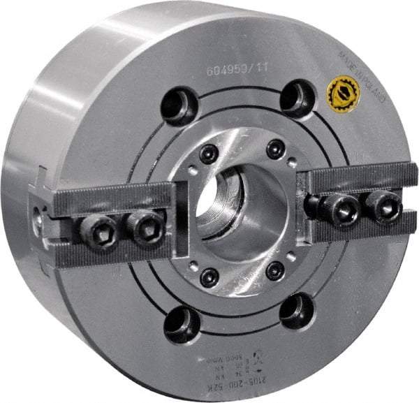 Bison - 2 Jaw, 5.31" Chuck Diam, Plain Back Mount, 34mm Through Hole Diam, Drawtube Hydraulic Power Lathe Chuck - 1.5mm x 60° Serrated Jaw Interface, 0.3149 to 5.3149" Jaw Capacity, 7,000 RPM, High Speed Steel Body - Industrial Tool & Supply