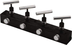 Value Collection - 3/8" Inlet, 3/8" Outlet Manifold with Four Needle Valves - 12" Long x 1.62" Wide x 4.13" High, 0.28" Mount Hole, 212°F Max, 10,000 Max PSI, 4 Inlet Ports, 4 Outlet Ports - Industrial Tool & Supply