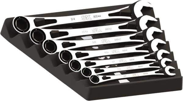 SK - 7 Piece, 3/8" to 3/4", 6 Point Ratcheting Combination Wrench Set - Inch Measurement Standard, Full Polish Chrome Finish, Comes in Plastic Tray - Industrial Tool & Supply