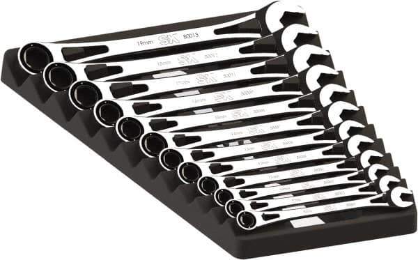 SK - 12 Piece, 8mm to 19mm, 6 Point Ratcheting Combination Wrench Set - Metric Measurement Standard, Full Polish Chrome Finish, Comes in Plastic Tray - Industrial Tool & Supply