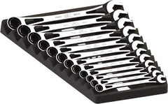 SK - 12 Piece, 8mm to 19mm, 6 Point Ratcheting Combination Wrench Set - Metric Measurement Standard, Full Polish Chrome Finish, Comes in Plastic Tray - Industrial Tool & Supply