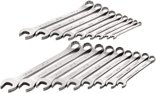 SK - 18 Piece, 1/4" to 3/4" (10mm to 18mm), 12 Point Combination Wrench Set - Inch/Metric Measurement Standard, Full Polish Chrome Finish, Comes in Roll-Up Pouch - Industrial Tool & Supply