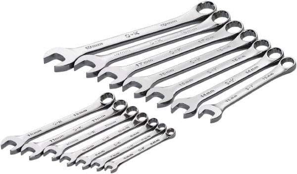 SK - 14 Piece, 6mm to 19mm, 12 Point Combination Wrench Set - Metric Measurement Standard, Full Polish Chrome Finish, Comes in Roll-Up Pouch - Industrial Tool & Supply