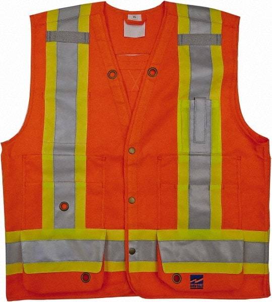 Viking - Size 4XL High Visibility Orange Solid Surveyor's Vest - 58" Chest, CSA Z96-09 Class 2, Level 2, ANSI 107-2010 Class 2, Level 2, Snaps Closure, 8 Pockets, Polyester - Industrial Tool & Supply