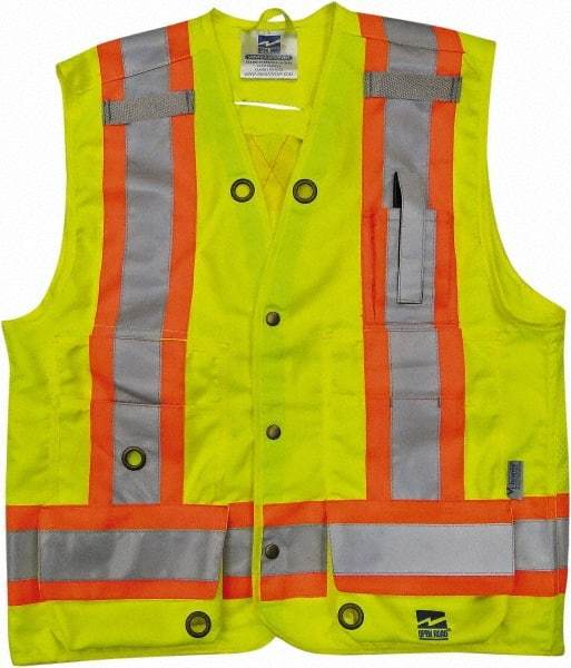 Viking - Size 2XL High Visibility Lime Solid Surveyor's Vest - 51" Chest, CSA Z96-09 Class 2, Level 2, ANSI 107-2010 Class 2, Level 2, Snaps Closure, 8 Pockets, Polyester - Industrial Tool & Supply